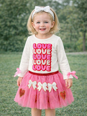 Valentine's Day Love Print Top + Girls' Tulle Skirt Set