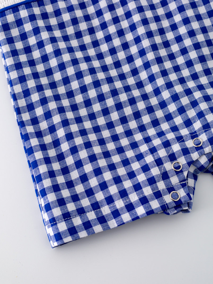 4th of july USA Embroidered Smocking Blue White Plaid Baby Boys Romper