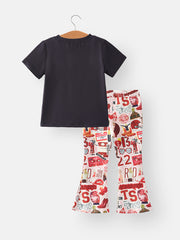 Valentine's Day TS Print Short Sleeve Top +Bell Bottom Pants Set