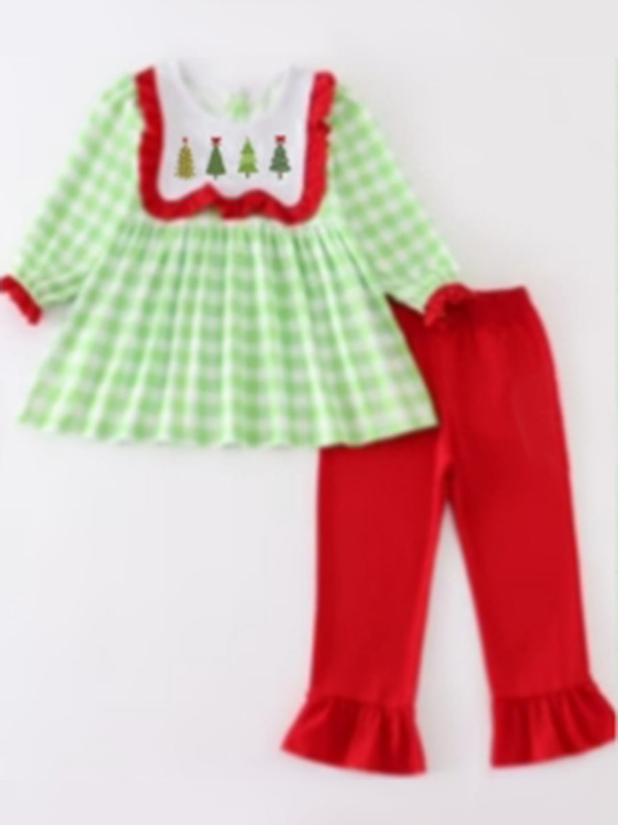 Christmas Tree Embroidered Girls Outfit Set