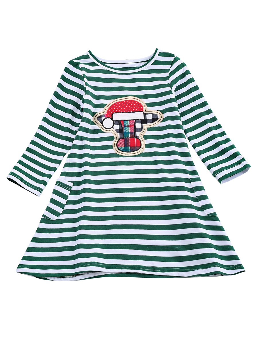 Western Autumn Winter Girls' Striped Bull Head Applique Long-Sleeved Dress