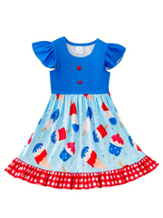 Independence Day Ice Cream Print Plaid Girls Ruffle Dress