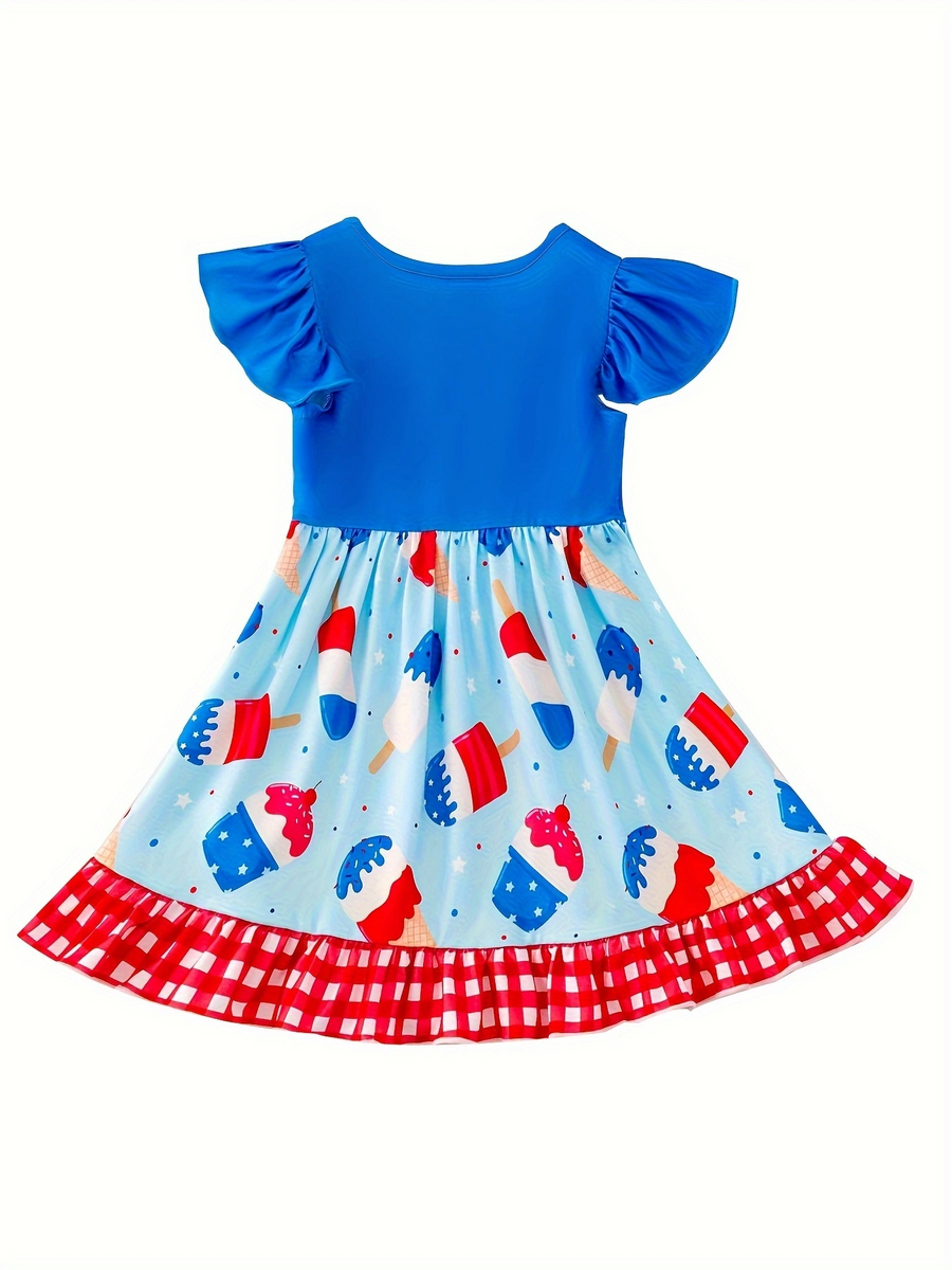 Independence Day Ice Cream Print Plaid Girls Ruffle Dress