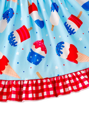 Independence Day Ice Cream Print Plaid Girls Ruffle Dress