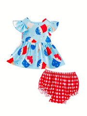 Independence Day Baby Girl Ice Cream Plaid Print Set