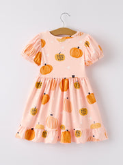 Halloween Fun Pumpkin Short Sleeve Girls Dress