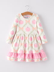 Halloween Pumpkin Pink Ruffle Girls Dress