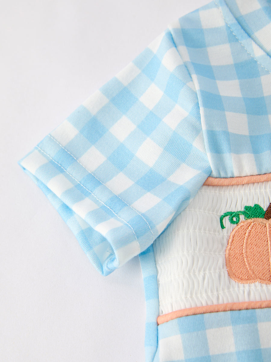 Halloween Boys Pumpkin Embroidery Smocking Blue Plaid Romper
