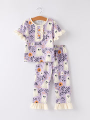 PREORDER Halloween Ghost Floral Print Purple Ruffled Girls Pajamas