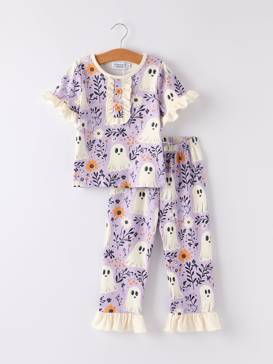 PREORDER Halloween Ghost Floral Print Purple Ruffled Girls Pajamas