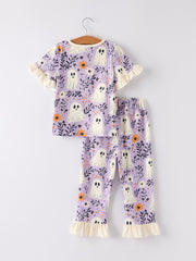 PREORDER Halloween Ghost Floral Print Purple Ruffled Girls Pajamas