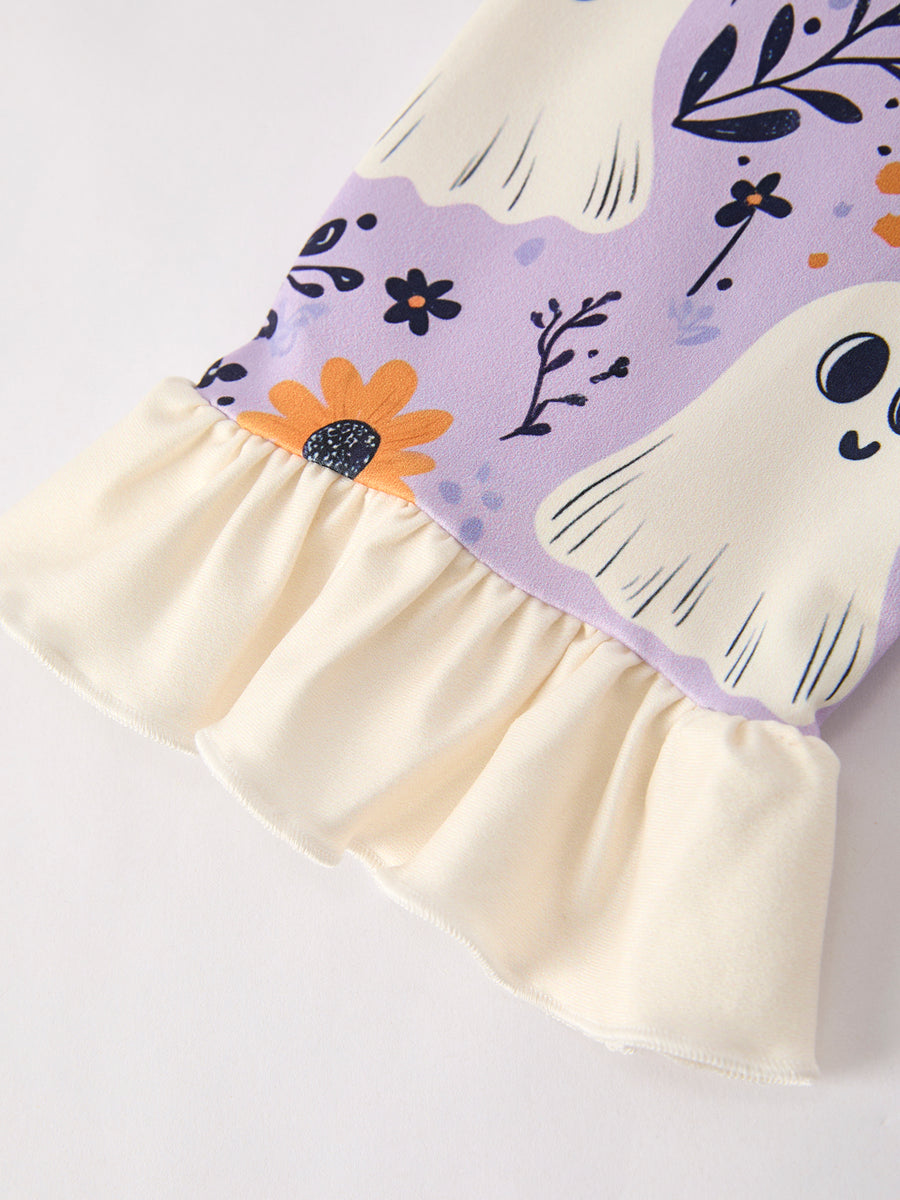 PREORDER Halloween Ghost Floral Print Purple Ruffled Girls Pajamas