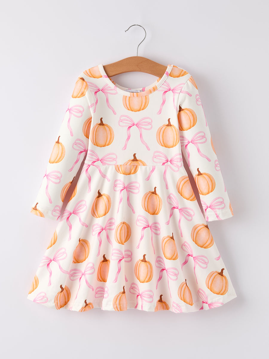 Halloween Pumpkin Bow Print Long Sleeve Dress