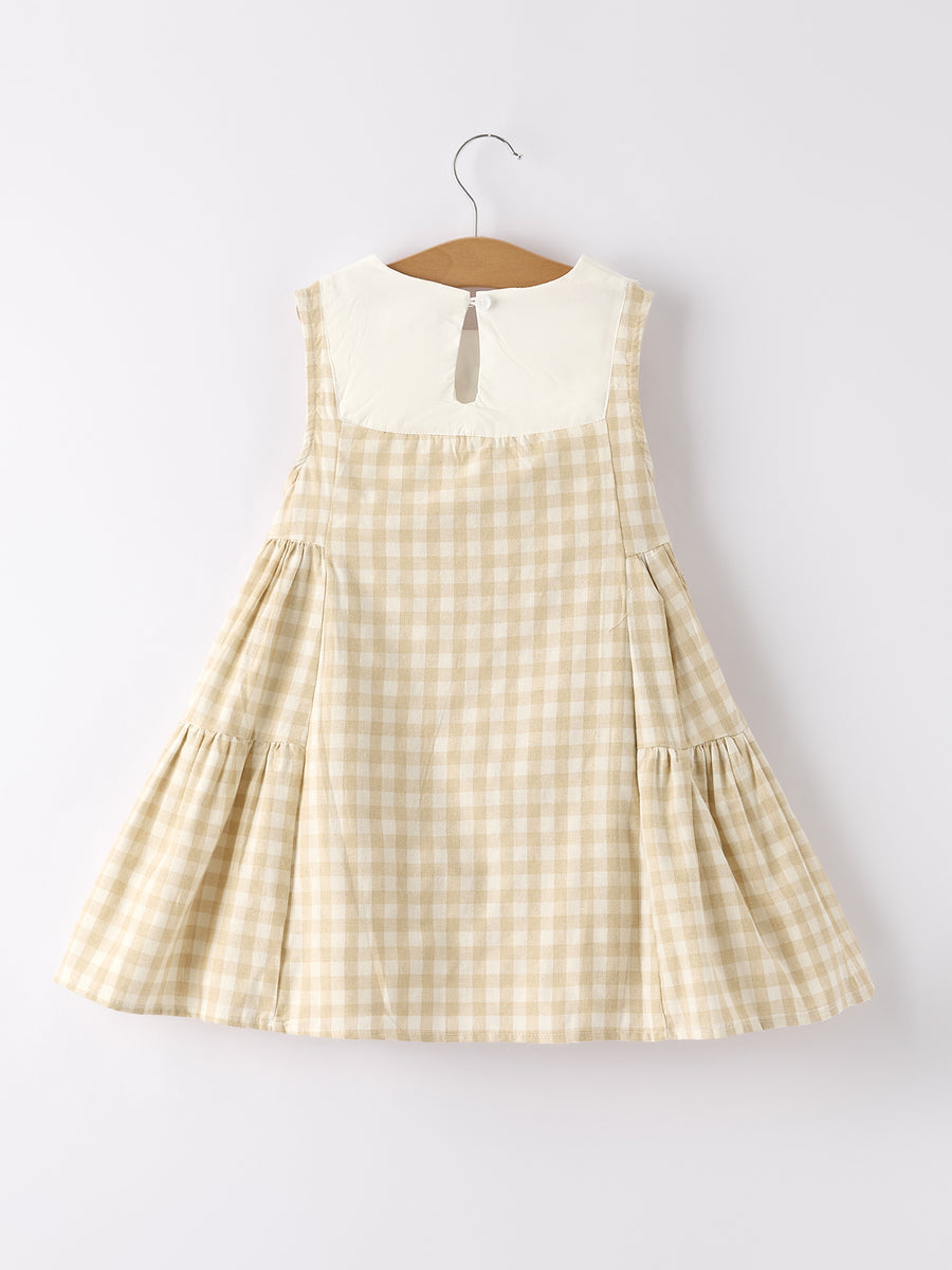 Apricot Plaid Embroidered Bunny Sleeveless Dress