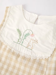 Apricot Plaid Embroidered Bunny Sleeveless Dress