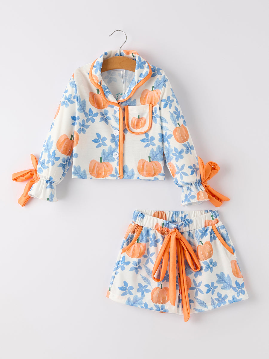 Thanksgiving Day Pumpkin Floral Print Girls Pajamas Set
