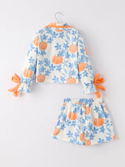 Thanksgiving Day Pumpkin Floral Print Girls Pajamas Set