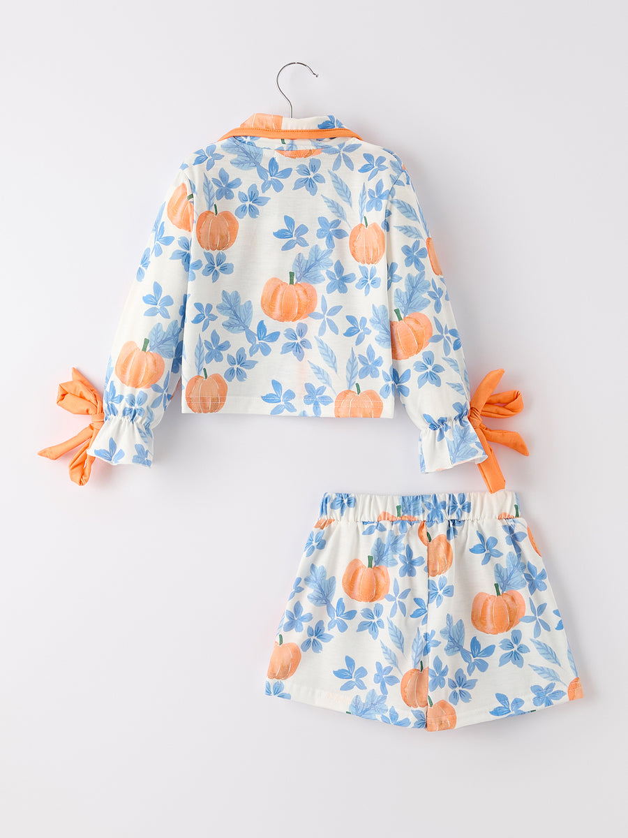 Thanksgiving Day Pumpkin Floral Print Girls Pajamas Set