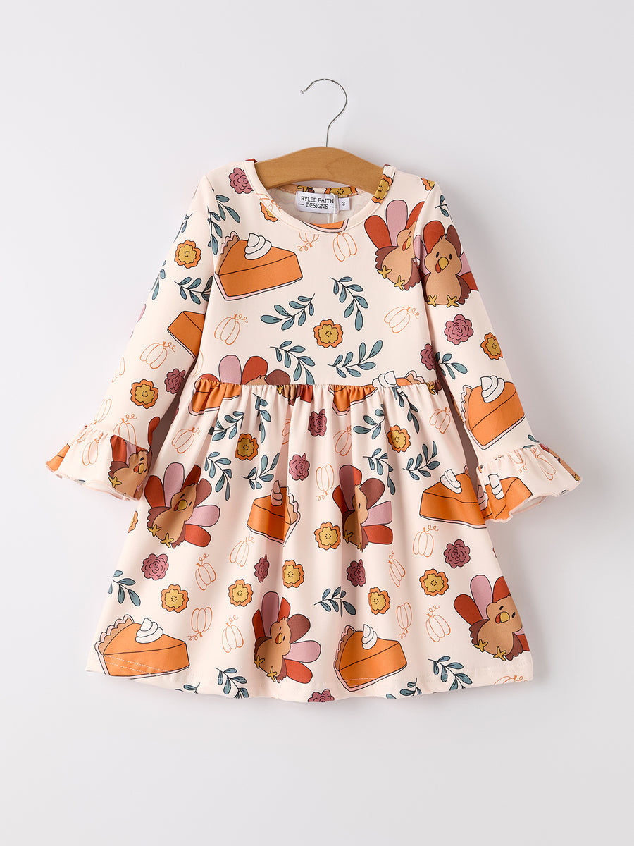 Thanksgiving Cute Turkey And Pie Print Design Girls Dress