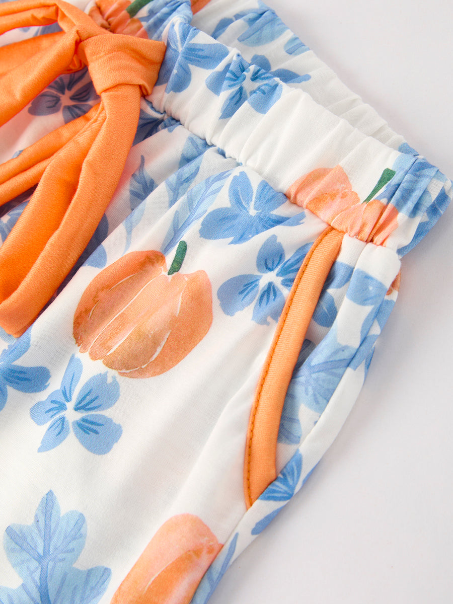 Thanksgiving Day Pumpkin Floral Print Girls Pajamas Set