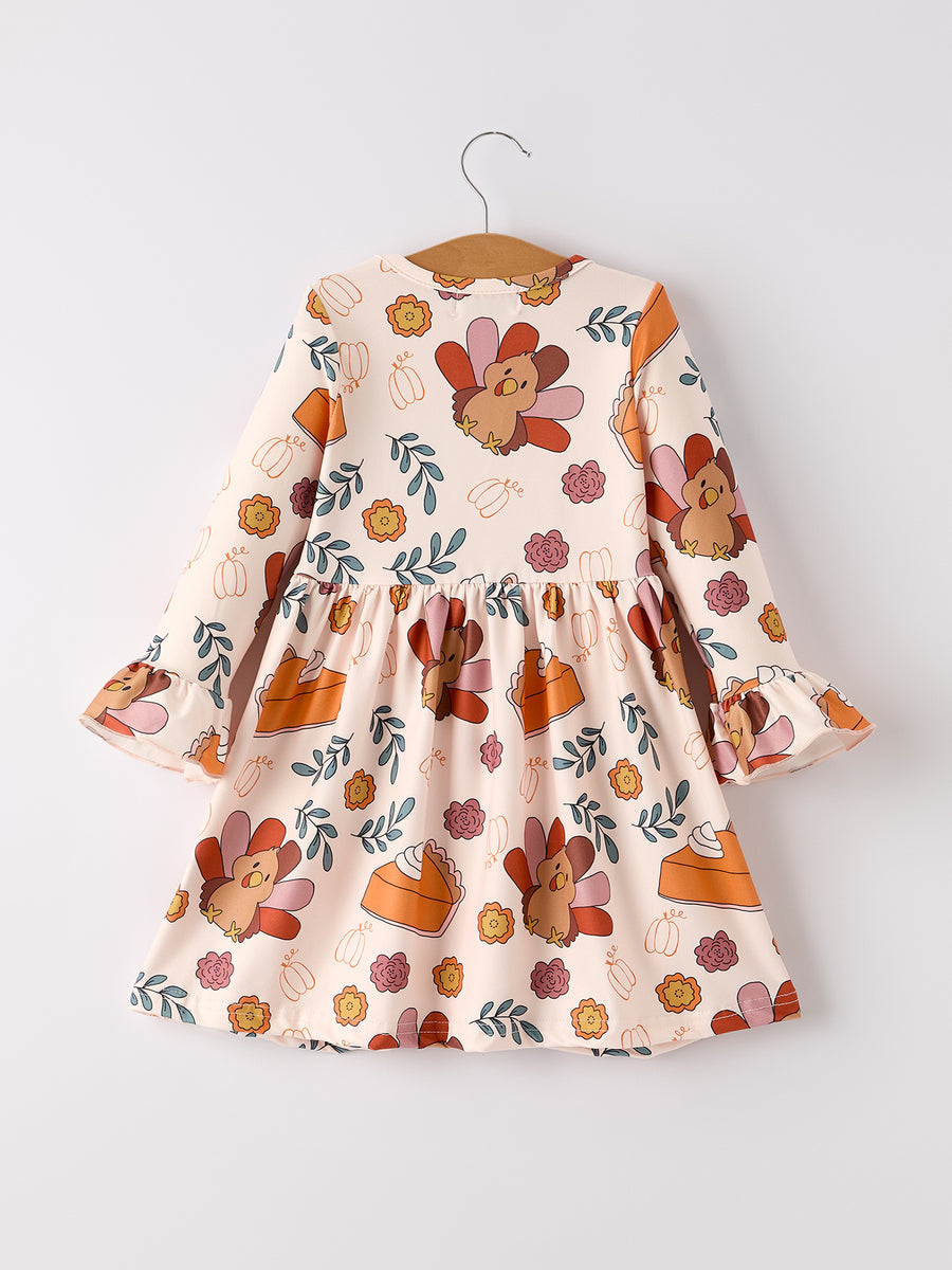 Thanksgiving Cute Turkey And Pie Print Design Girls Dress