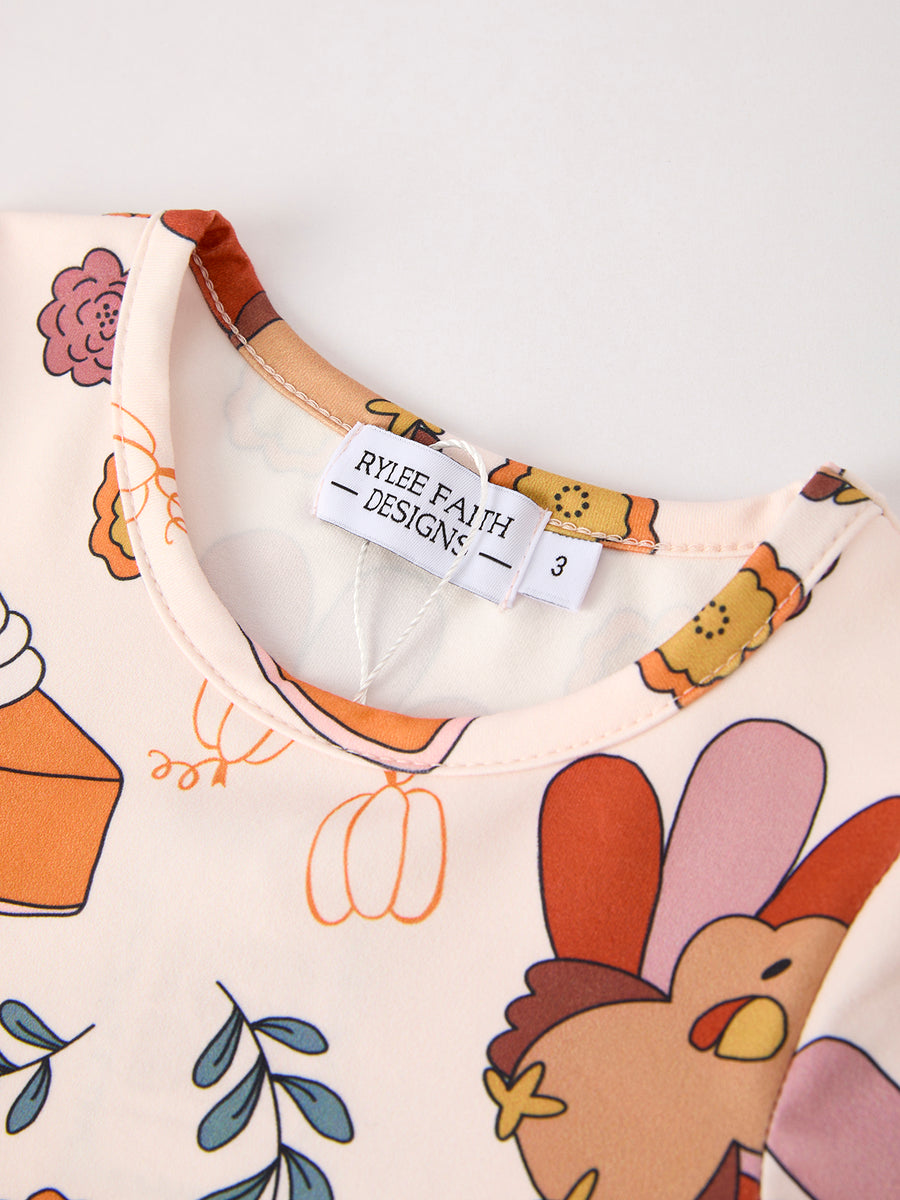 Thanksgiving Cute Turkey And Pie Print Design Girls Dress