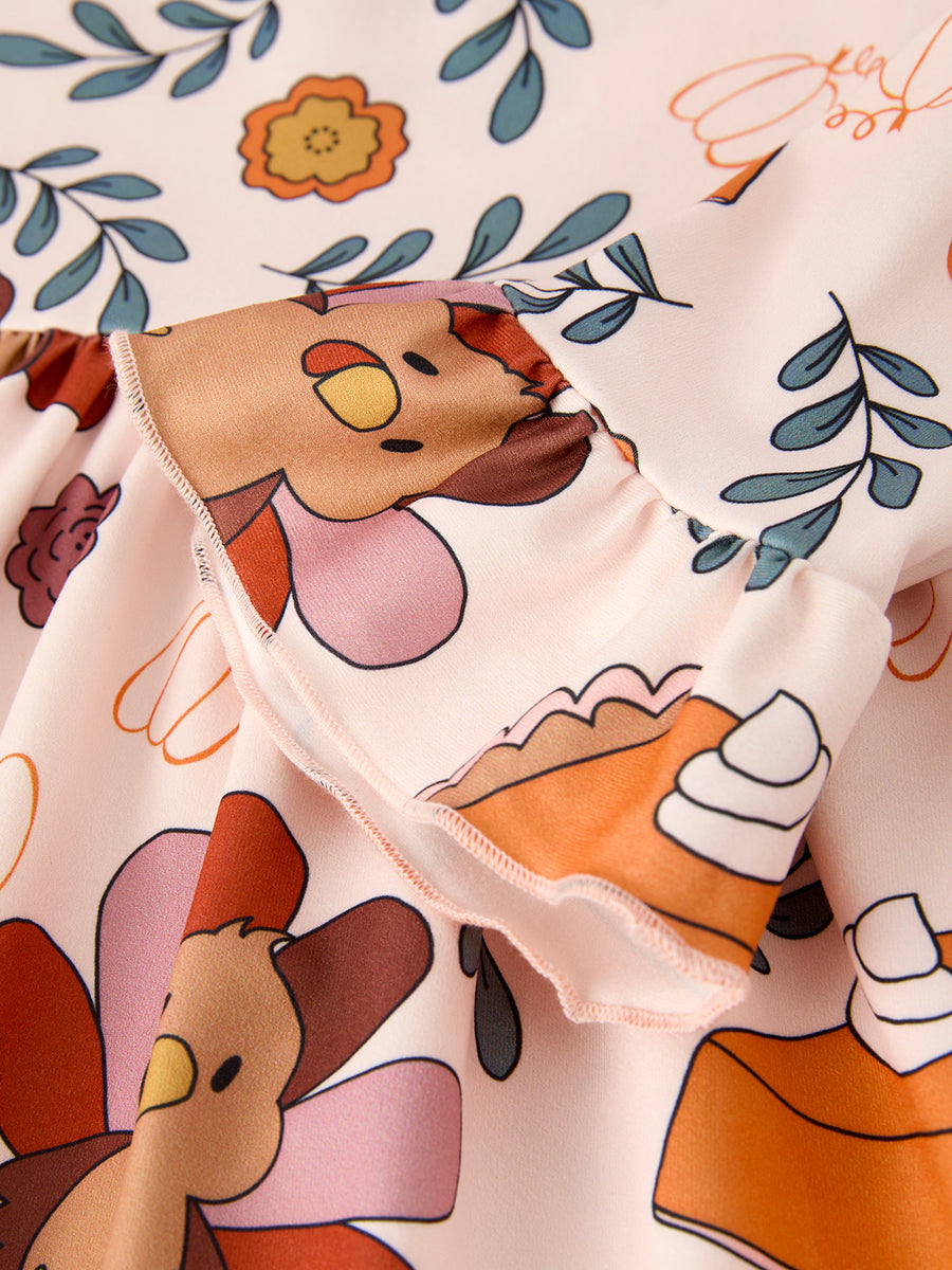 Thanksgiving Cute Turkey And Pie Print Design Girls Dress