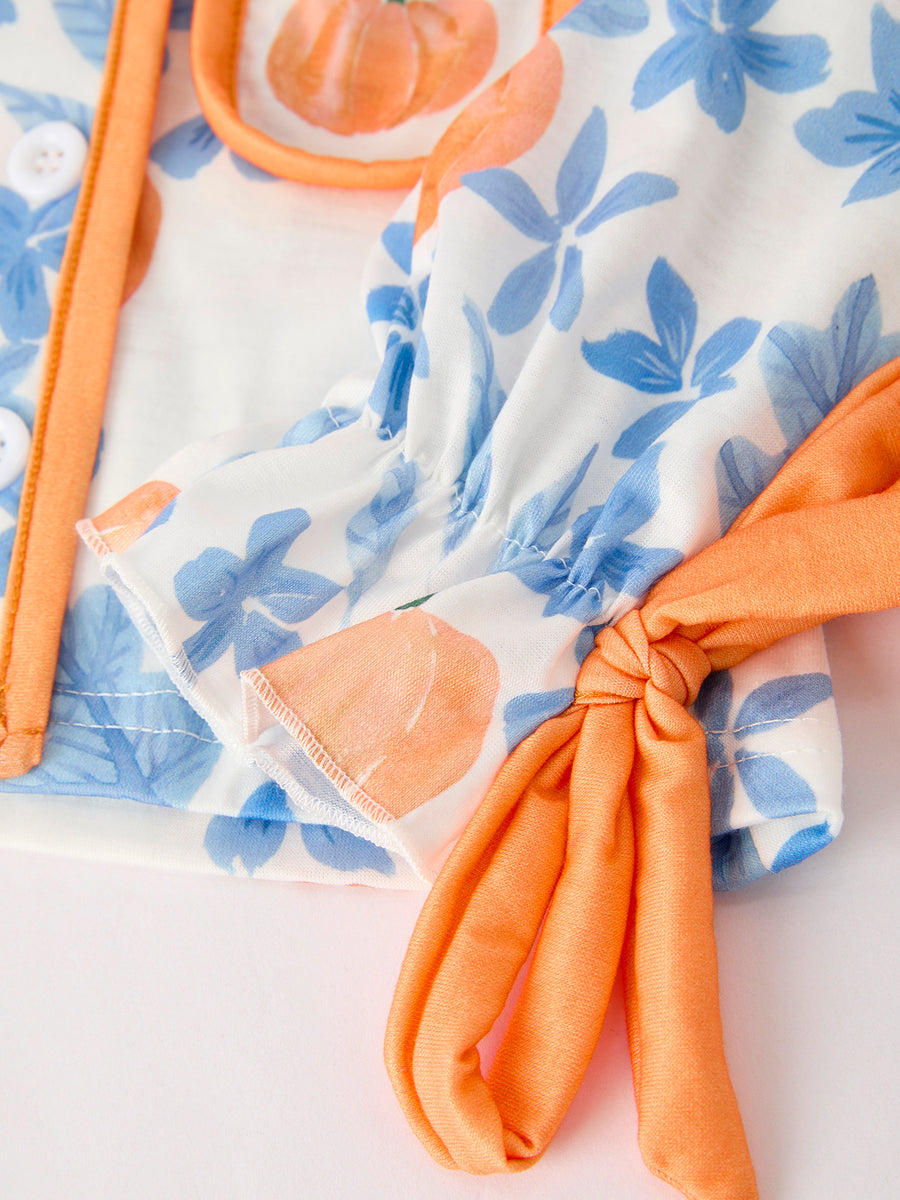 Thanksgiving Day Pumpkin Floral Print Girls Pajamas Set