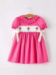 Pink Smocked Church Christ Bishop Christening Bow Girl Dress