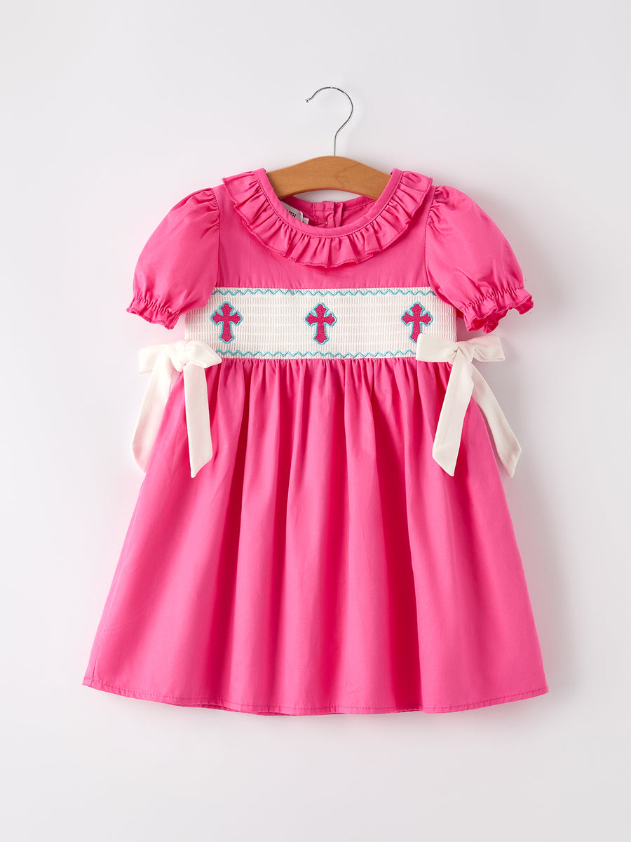 Pink Smocked Church Christ Bishop Christening Bow Girl Dress