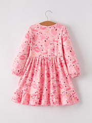 Halloween Football Pumpkin Bow Print Pink Girls Dress
