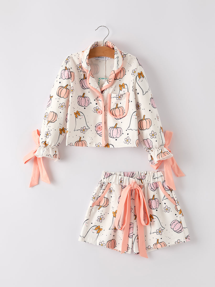 Halloween Ghost Pumpkin Print Girls Pajama Set