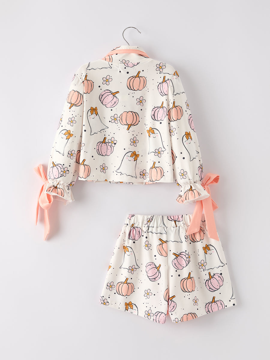 Halloween Ghost Pumpkin Print Girls Pajama Set