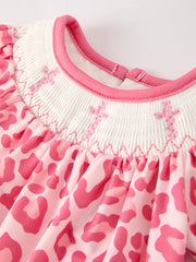 Pink Smocked Church Christ Bishop Christening Leopard Baby Girl Romper