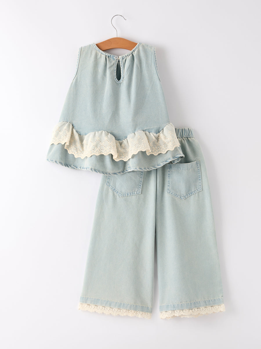 Summer Light Color Denim Lace Girls Set