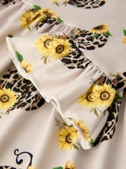 Pumpkin Leopard Print Autumn Girls Ruffle Two-Piece Dress