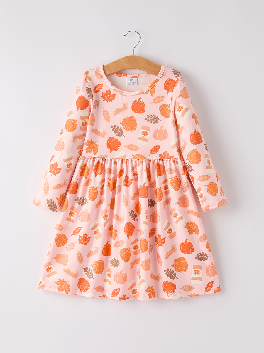 Fall Thanksgiving & Halloween Pumpkin Maple Leaf Drink Print Two-Piece Dress