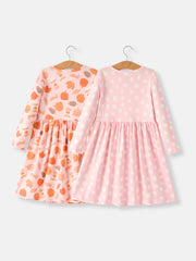 Fall Thanksgiving & Halloween Pumpkin Maple Leaf Drink Print Two-Piece Dress