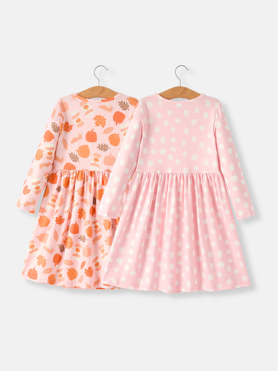 Fall Thanksgiving & Halloween Pumpkin Maple Leaf Drink Print Two-Piece Dress