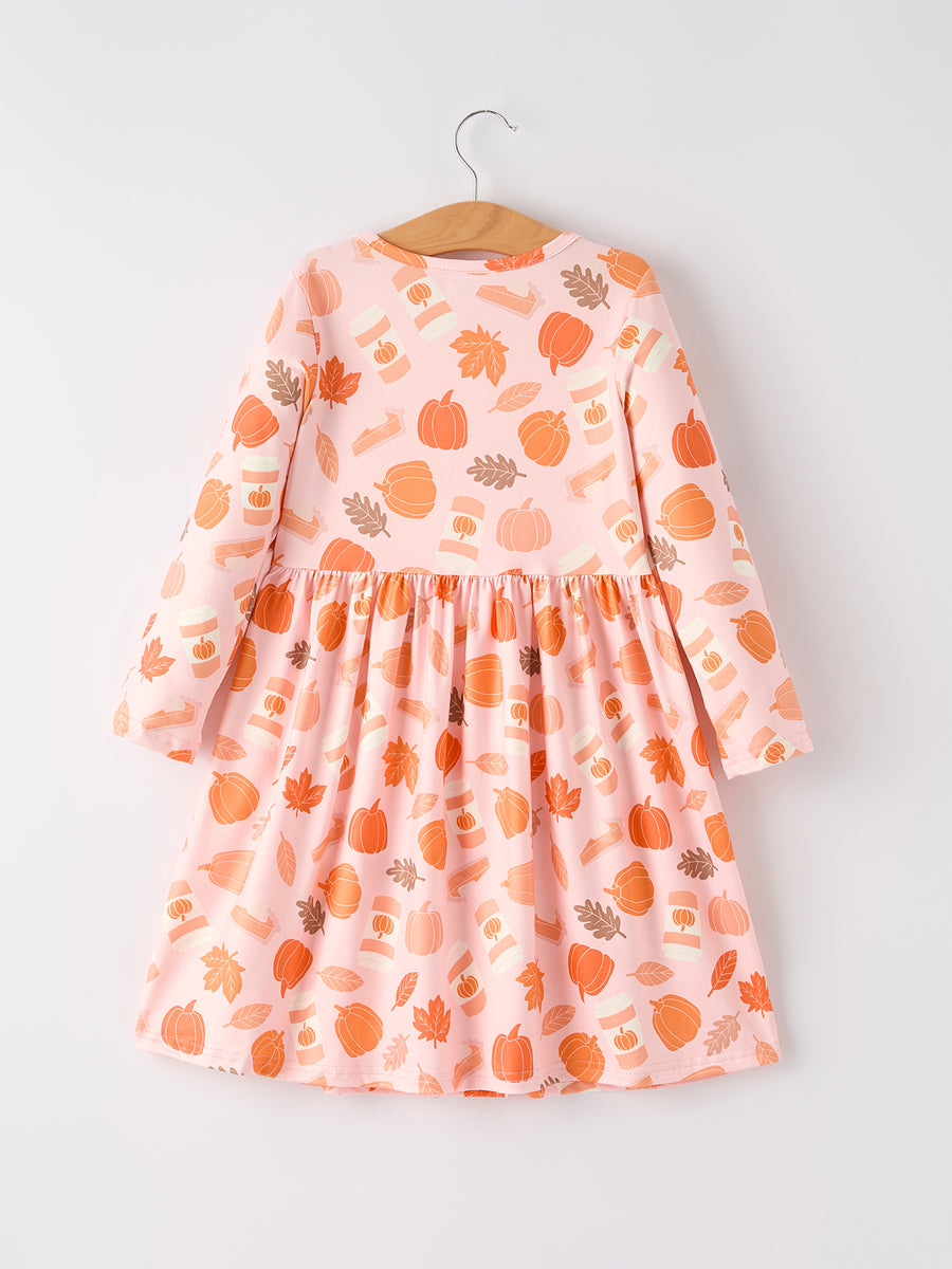 Fall Thanksgiving & Halloween Pumpkin Maple Leaf Drink Print Two-Piece Dress