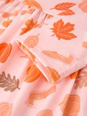 Fall Thanksgiving & Halloween Pumpkin Maple Leaf Drink Print Two-Piece Dress