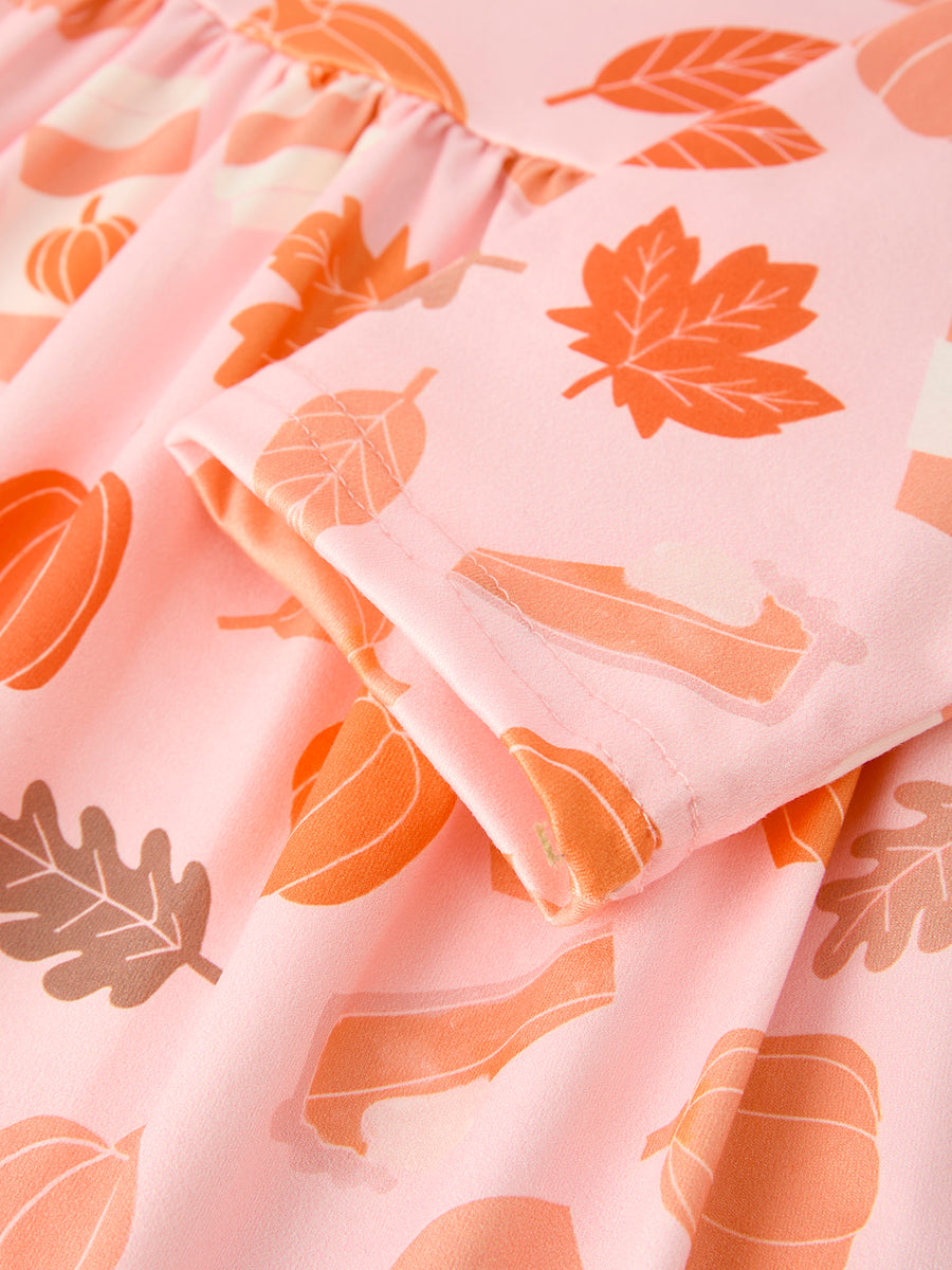 Fall Thanksgiving & Halloween Pumpkin Maple Leaf Drink Print Two-Piece Dress