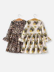 Pumpkin Leopard Print Autumn Girls Ruffle Two-Piece Dress