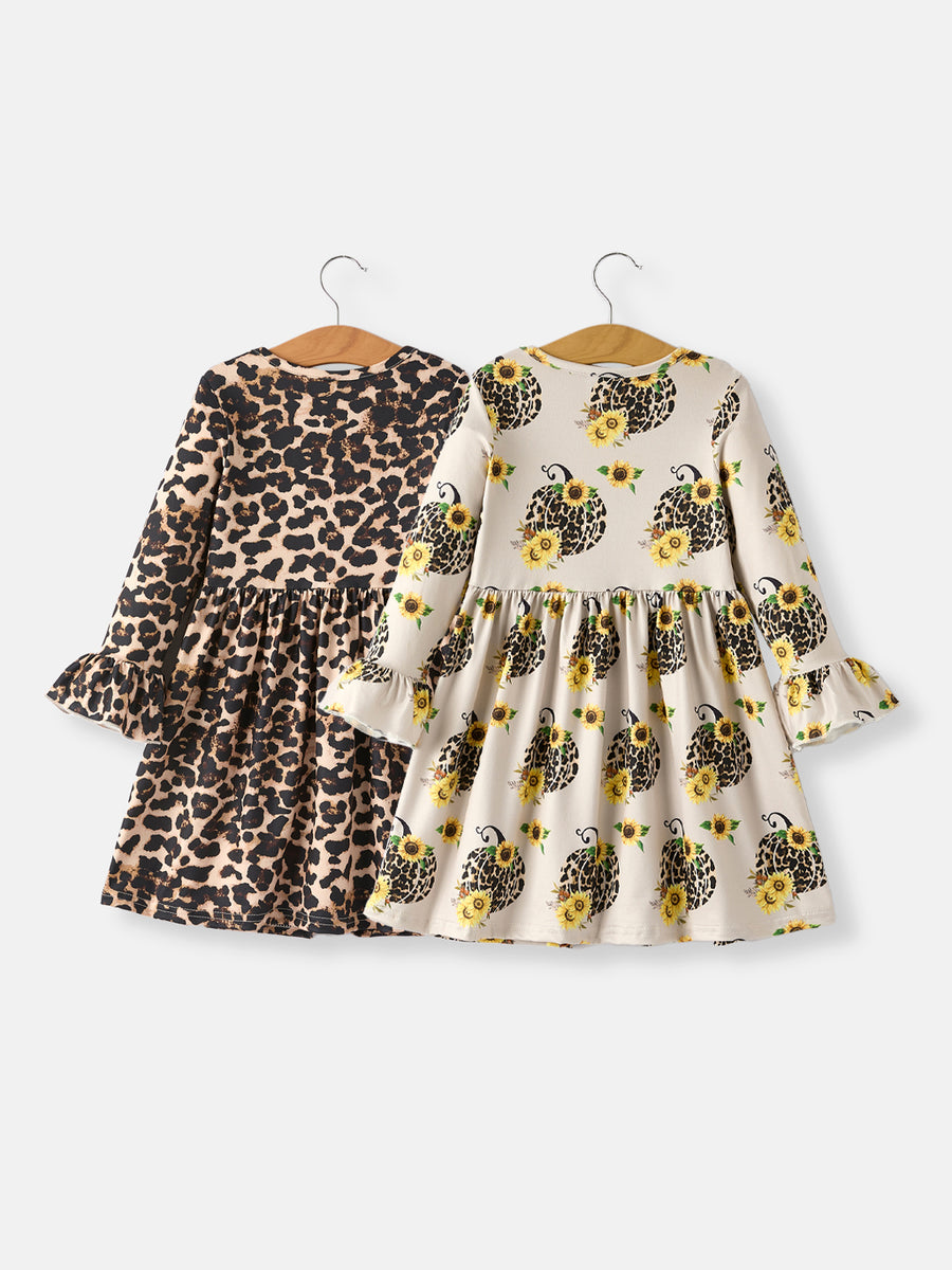 Pumpkin Leopard Print Autumn Girls Ruffle Two-Piece Dress