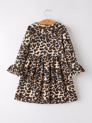 Pumpkin Leopard Print Autumn Girls Ruffle Two-Piece Dress