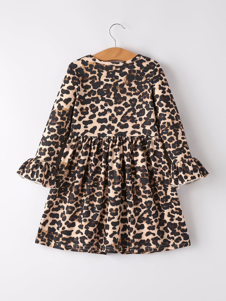 Pumpkin Leopard Print Autumn Girls Ruffle Two-Piece Dress