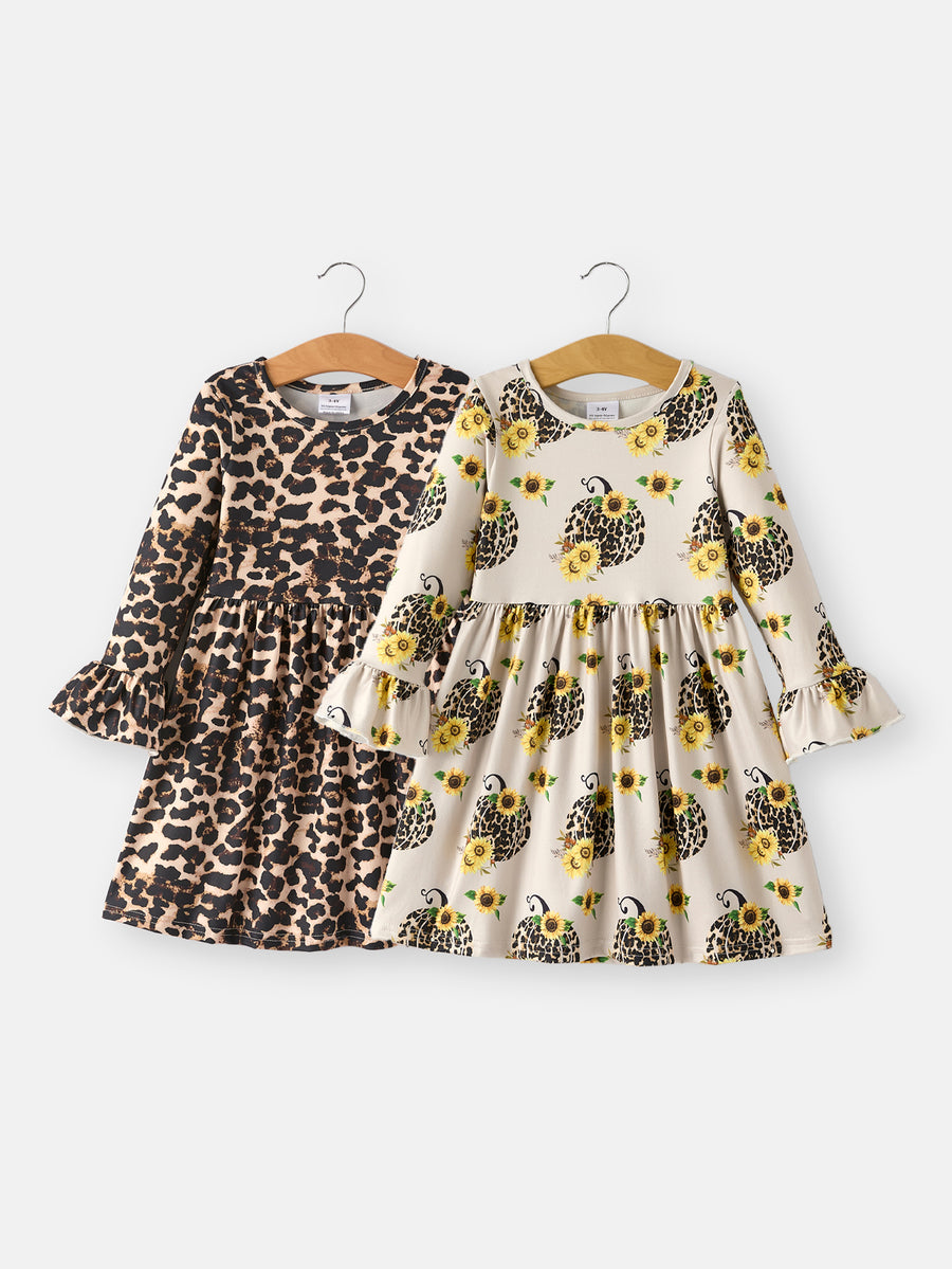 Pumpkin Leopard Print Autumn Girls Ruffle Two-Piece Dress