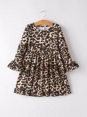 Pumpkin Leopard Print Autumn Girls Ruffle Two-Piece Dress