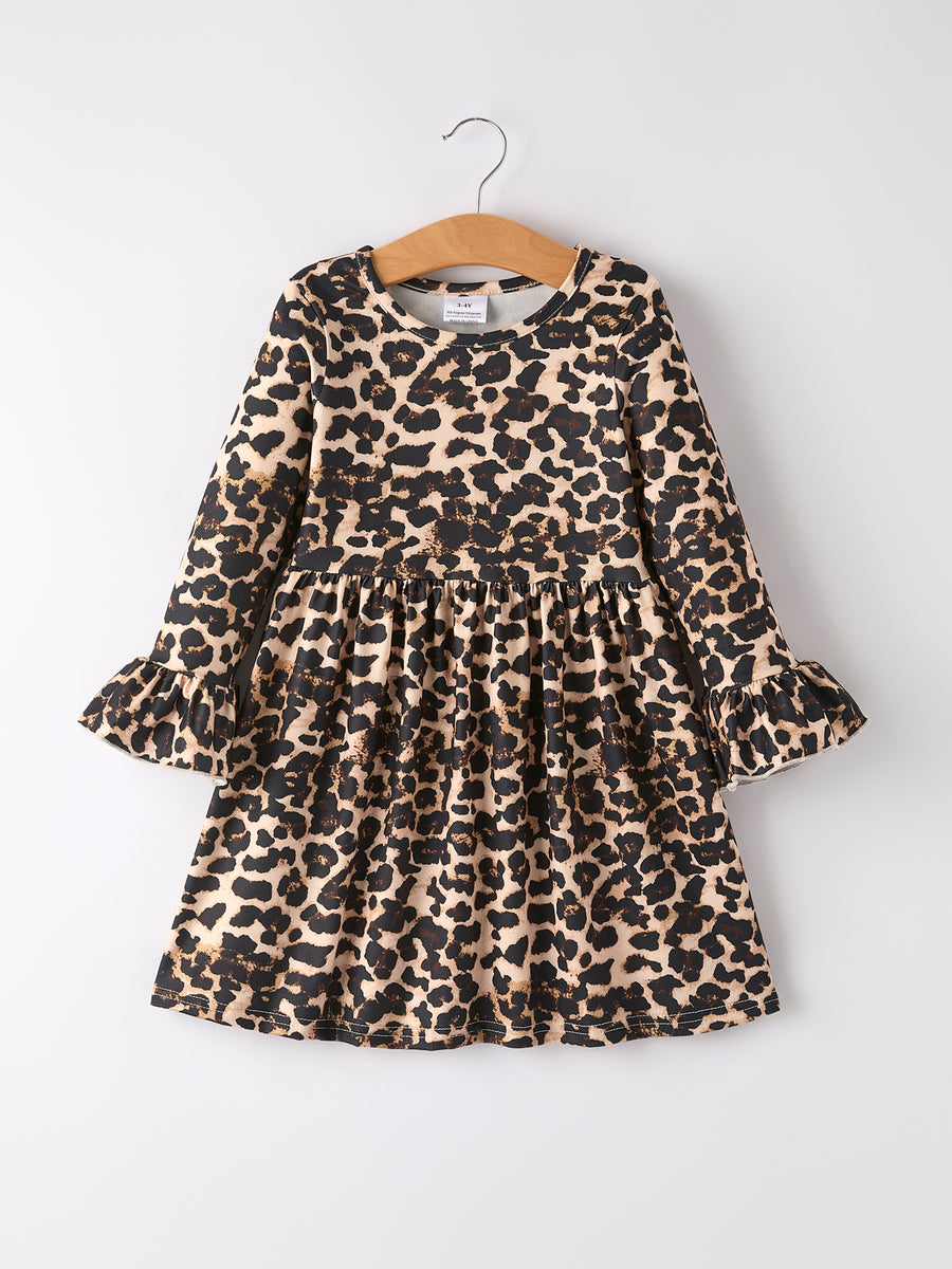Pumpkin Leopard Print Autumn Girls Ruffle Two-Piece Dress