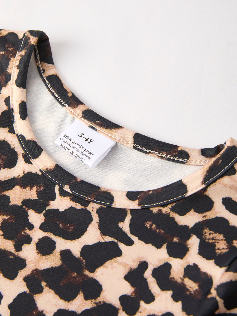 Pumpkin Leopard Print Autumn Girls Ruffle Two-Piece Dress